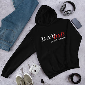 B.A.D. Dad Hoodie - Black hoodie with White and Red lettering